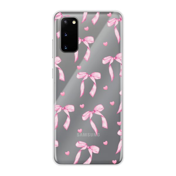Funda Samsung Galaxy S20 flexible transparente con lazos y corazones rosas