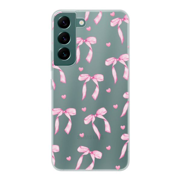 Funda Samsung Galaxy S22 flexible transparente con lazos y corazones rosas