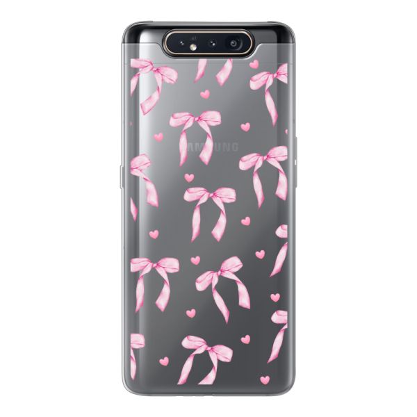 Funda Samsung Galaxy A80 flexible transparente con lazos y corazones rosas