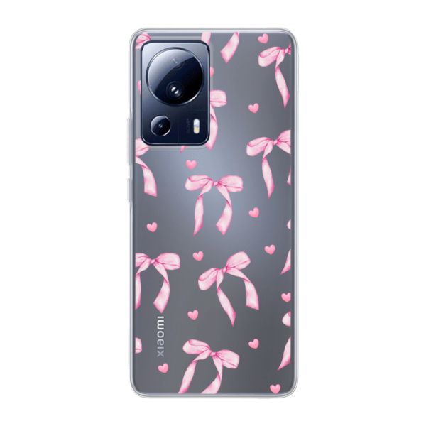 Funda Xiaomi 13 Lite flexible transparente con lazos y corazones rosas