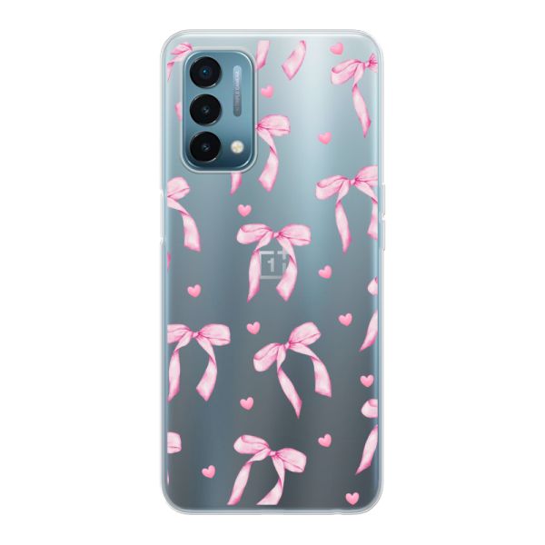 Funda OnePlus Nord N200 5G flexible transparente con lazos y corazones rosas