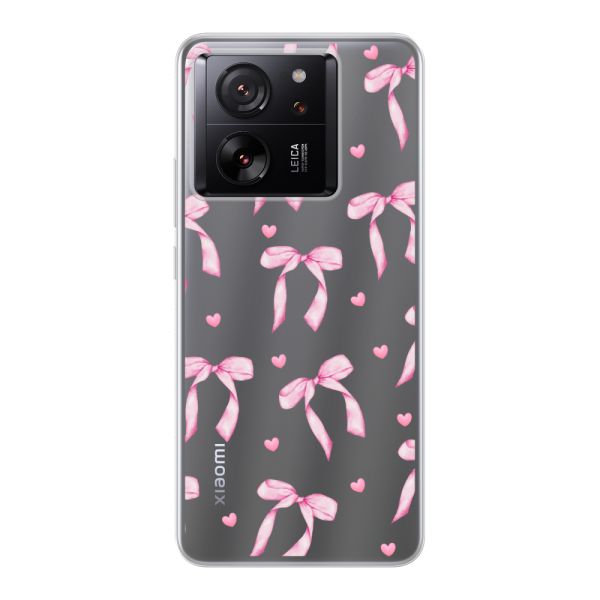 Funda Xiaomi 13T flexible transparente con lazos y corazones rosas