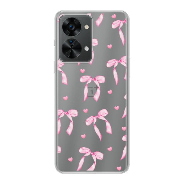 Funda OnePlus Nord 2T flexible transparente con lazos y corazones rosas