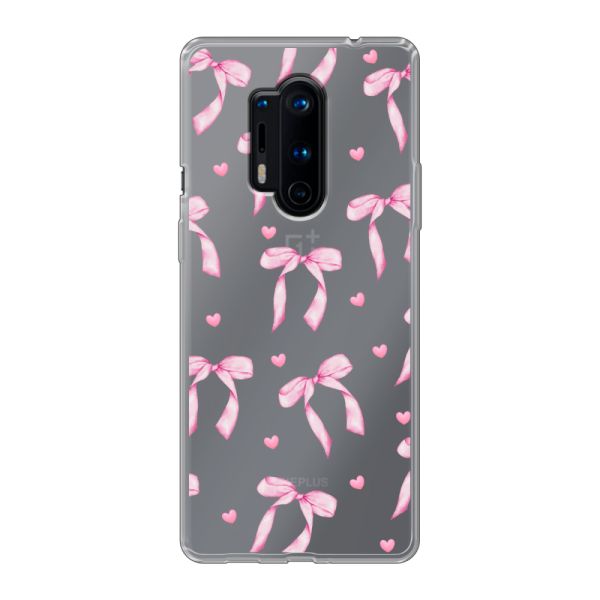 Funda OnePlus 8 Pro flexible transparente con lazos y corazones rosas