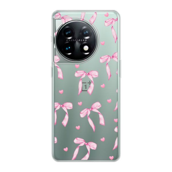 Funda OnePlus 11 flexible transparente con lazos y corazones rosas