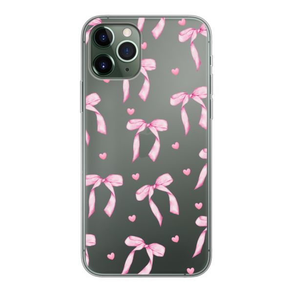 Funda iPhone 11 Pro flexible transparente con lazos y corazones rosas