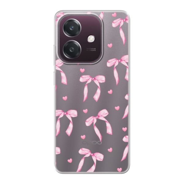Funda Oppo A60 5G flexible transparente con lazos y corazones rosas