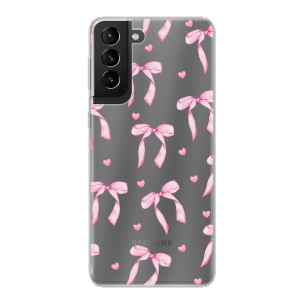 Coque Samsung Galaxy S21 5G flexible transparente avec nœuds et cœurs roses