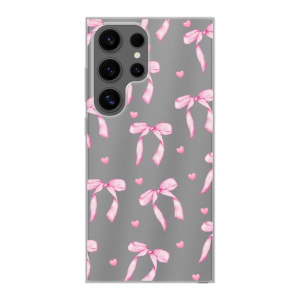 Coque Samsung Galaxy S24 Ultra flexible transparente avec nœuds et cœurs roses