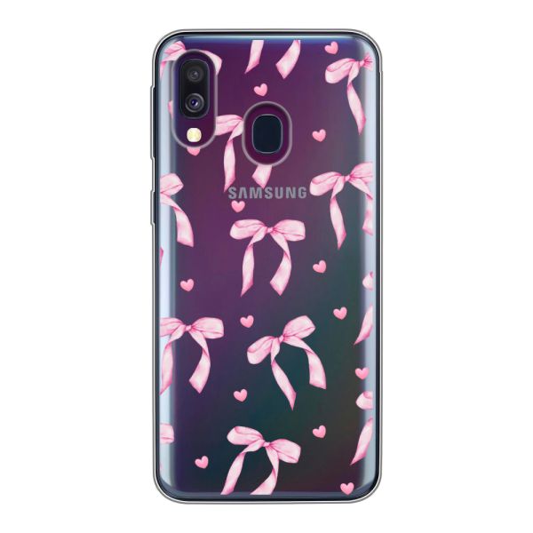 Funda Samsung Galaxy A40 flexible transparente con lazos y corazones rosas
