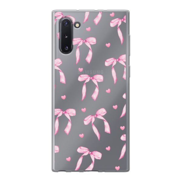 Funda Samsung Galaxy Note 10 flexible transparente con lazos y corazones rosas