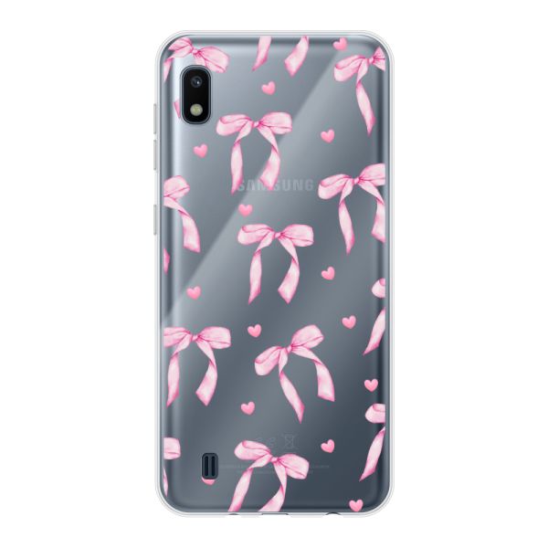 Funda Samsung Galaxy A10 flexible transparente con lazos y corazones rosas