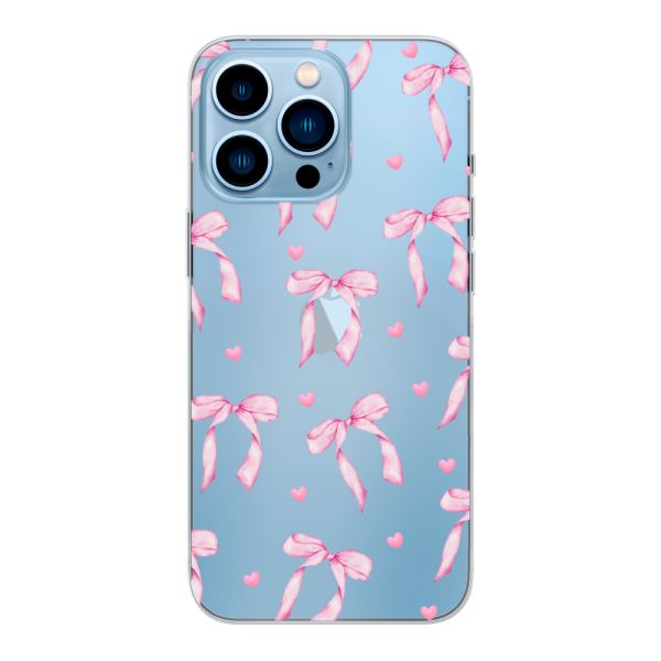 Funda iPhone 13 Pro flexible transparente con lazos y corazones rosas