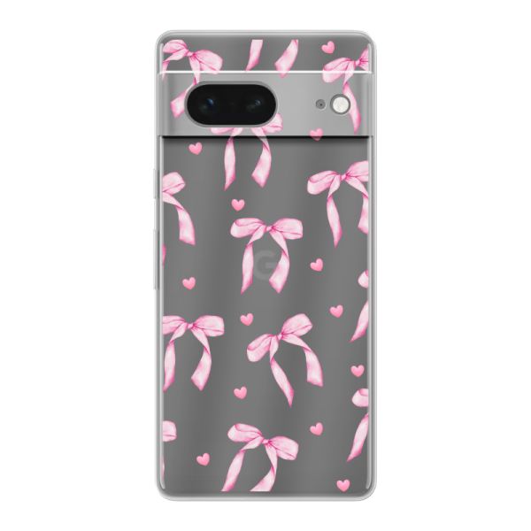 Funda Google Pixel 7 flexible transparente con lazos y corazones rosas