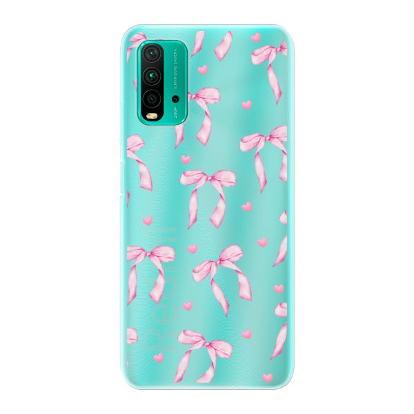 Funda Xiaomi Redmi 9 Power flexible transparente con lazos y corazones rosas