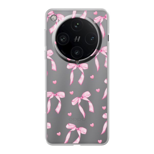 Funda Oppo Find X8 Pro flexible transparente con lazos y corazones rosas