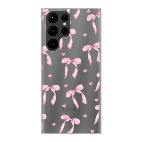 Transparant flexibel Samsung Galaxy S22 Ultra hoesje met Roze Strikjes en Hartjes