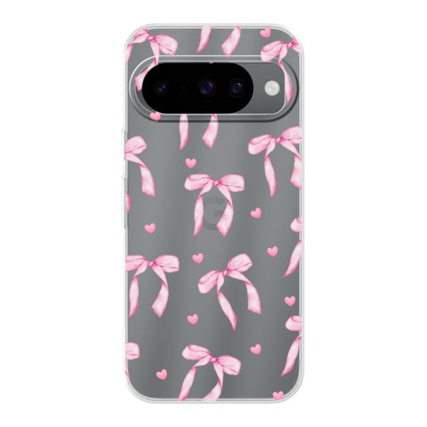 Funda Google Pixel 10 flexible transparente con lazos y corazones rosas