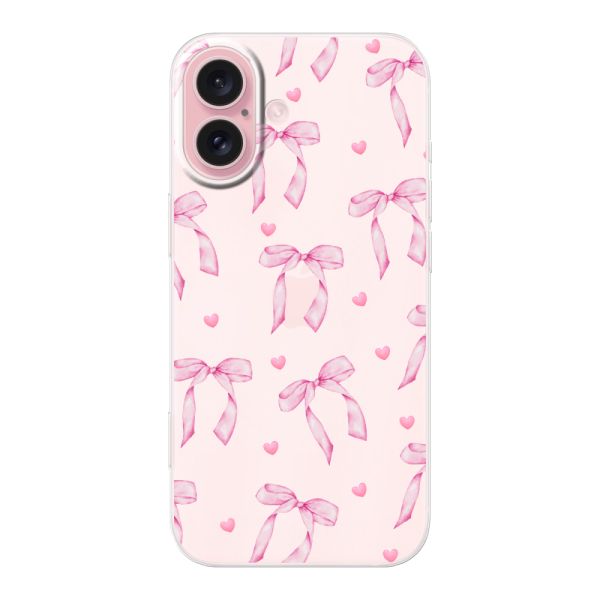Funda iPhone 16 flexible transparente con lazos y corazones rosas