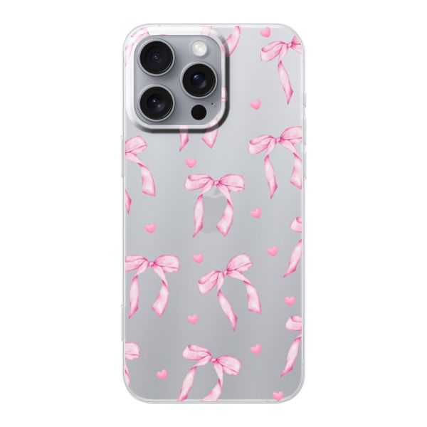 Funda iPhone 16 Pro Max flexible transparente con lazos y corazones rosas