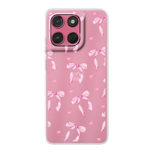 Funda Motorola Moto G57 flexible transparente con lazos y corazones rosas