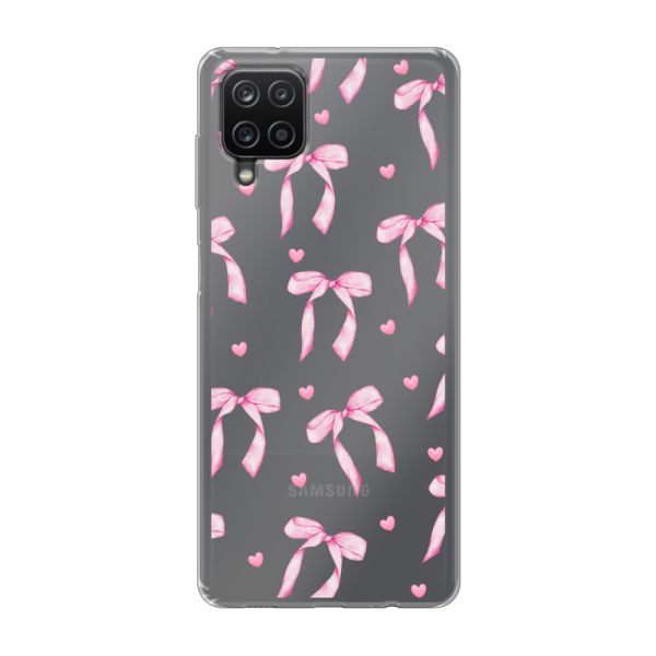 Funda Samsung Galaxy A12 flexible transparente con lazos y corazones rosas