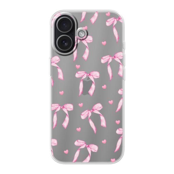 Funda iPhone 17 flexible transparente con lazos y corazones rosas