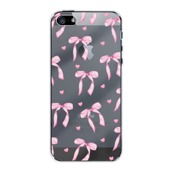 Funda iPhone 5 flexible transparente con lazos y corazones rosas