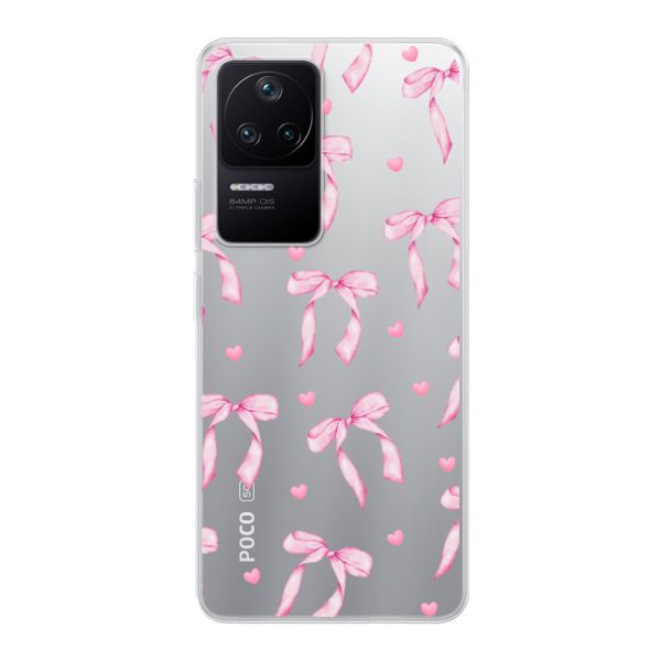Funda Xiaomi Poco F4 flexible transparente con lazos y corazones rosas