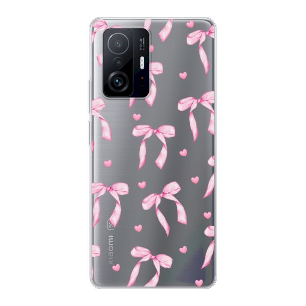 Funda Xiaomi 11T flexible transparente con lazos y corazones rosas