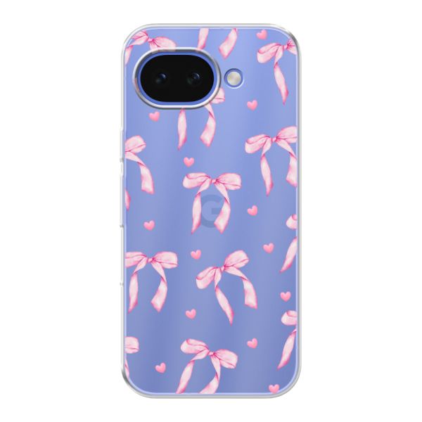 Funda Google Pixel 10A flexible transparente con lazos y corazones rosas