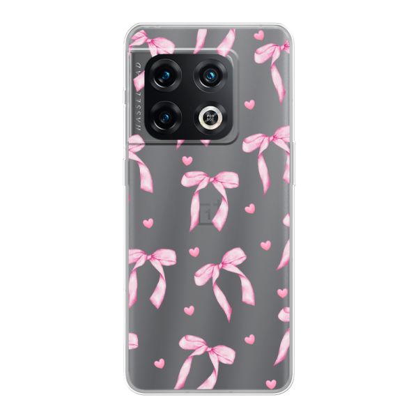 Funda OnePlus 10 Pro flexible transparente con lazos y corazones rosas