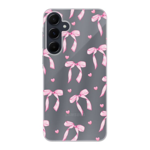 Funda Samsung Galaxy A55 flexible transparente con lazos y corazones rosas