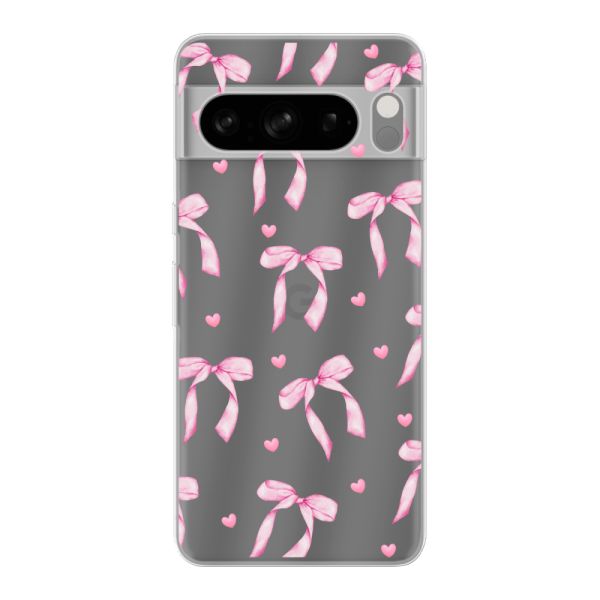 Funda Google Pixel 8 Pro flexible transparente con lazos y corazones rosas