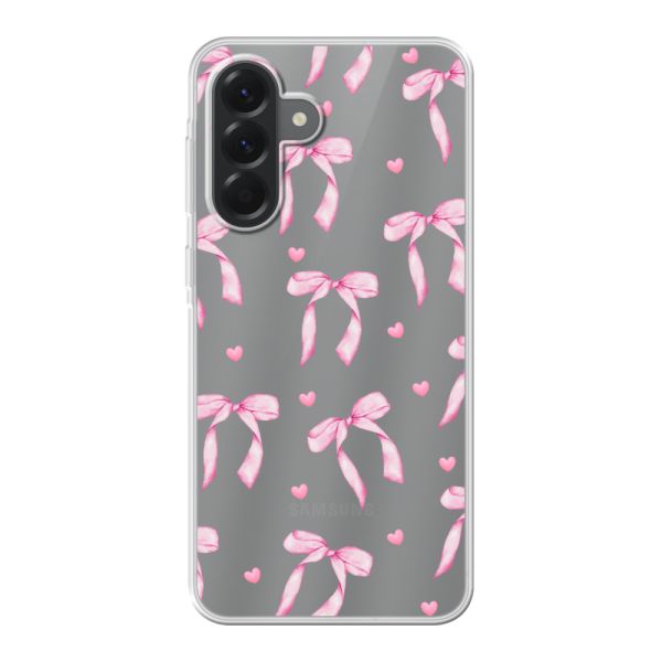Funda Samsung Galaxy A56 flexible transparente con lazos y corazones rosas