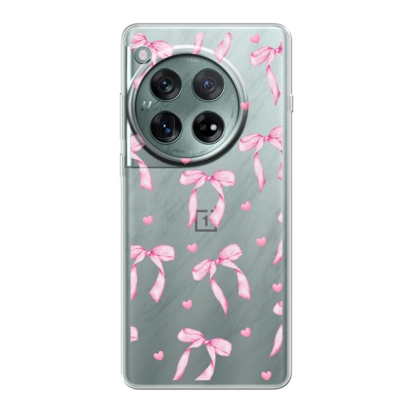 Funda OnePlus 12 flexible transparente con lazos y corazones rosas