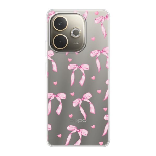 Funda Oppo A5 Pro flexible transparente con lazos y corazones rosas