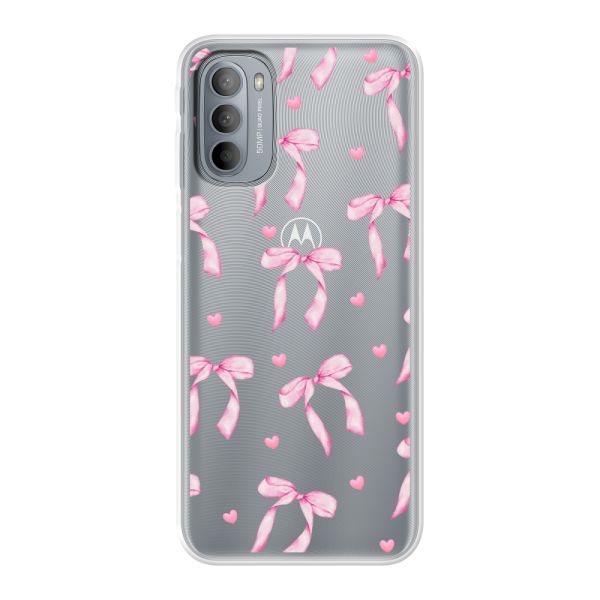 Funda Motorola Moto G31 flexible transparente con lazos y corazones rosas