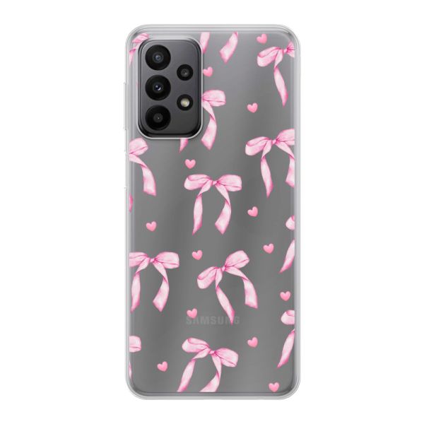 Funda Samsung Galaxy A23 5G flexible transparente con lazos y corazones rosas
