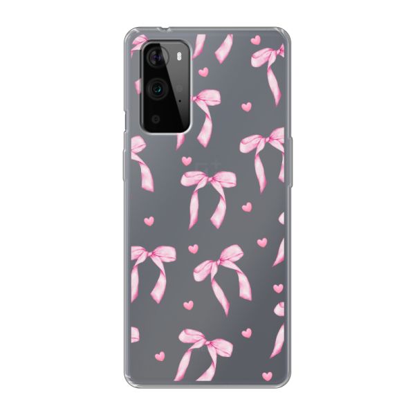 Funda OnePlus 9 Pro flexible transparente con lazos y corazones rosas
