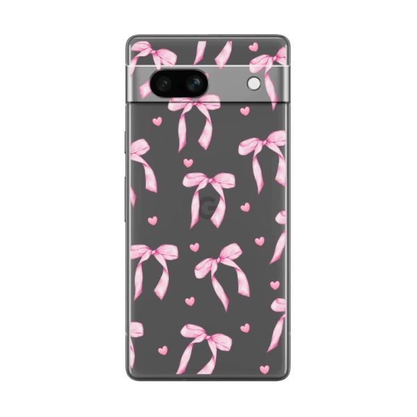 Funda Google Pixel 7a flexible transparente con lazos y corazones rosas