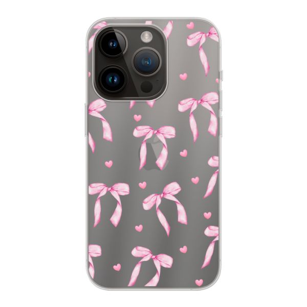 Funda iPhone 14 Pro flexible transparente con lazos y corazones rosas