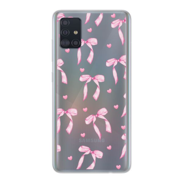Funda Samsung Galaxy A51 flexible transparente con lazos y corazones rosas