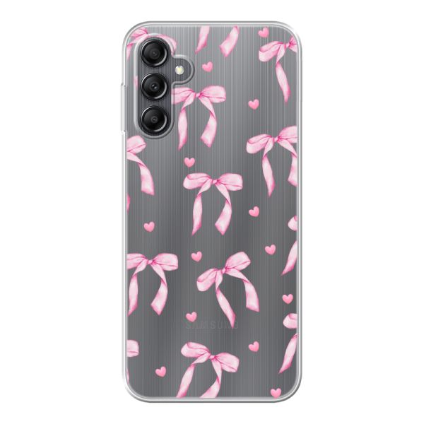 Funda Samsung Galaxy A14 flexible transparente con lazos y corazones rosas