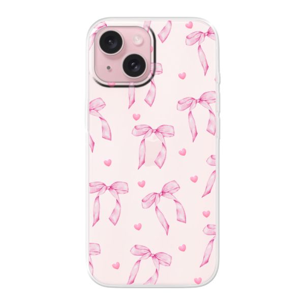 Coque iPhone 15 flexible transparente avec nœuds et cœurs roses