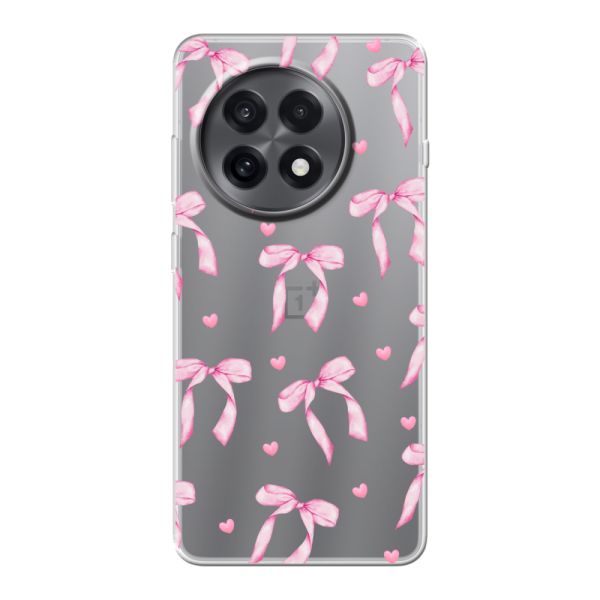 Funda OnePlus 13R flexible transparente con lazos y corazones rosas