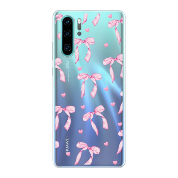 Funda Huawei P30 flexible transparente con lazos y corazones rosas