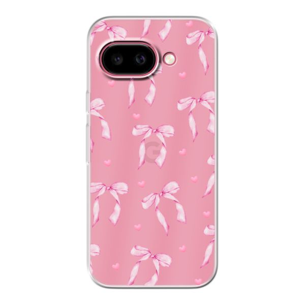 Funda Google Pixel 9A flexible transparente con lazos y corazones rosas