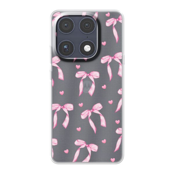 Funda Motorola Signature flexible transparente con lazos y corazones rosas