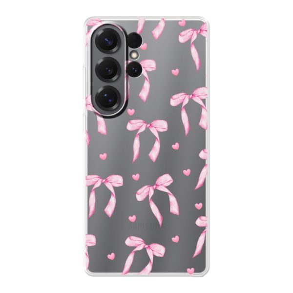 Funda Samsung Galaxy S26 Ultra flexible transparente con lazos y corazones rosas